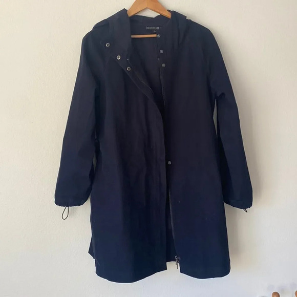 Lafayette 148 sz L navy cotton jacket snap and zip front with belt hooded EUC - Picture 1 of 5
